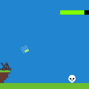 A catapult is firing a strange projectile at a ghostly creature.
