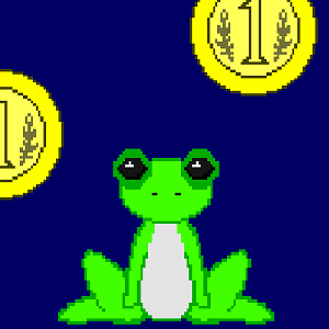 a small green frog sits on the ground and looks at the viewer, while large coins float overhead