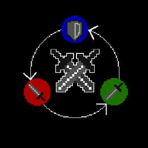 a pair of cross swords, surrounded by three icons: a red upward sword, a green downward sword, and a blue shield