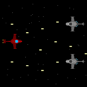 a red space helicopter is engaged in combat with several gray space helicopters