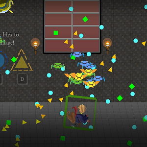 a witch flies around on a broom in a room overflowing with bats and projectiles
