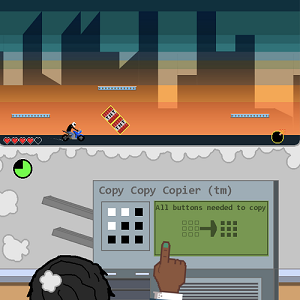 An office worker operates a photocopier whiel daydreaming about riding a motorcycle through a futuristic platforming cityscape.