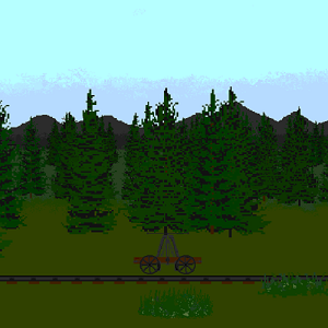 A handcart sits on an old railroad track in front of a pine forest and some mountains