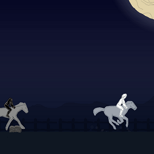 a person on horseback flees a headless horseman under the glow of the midnight moon