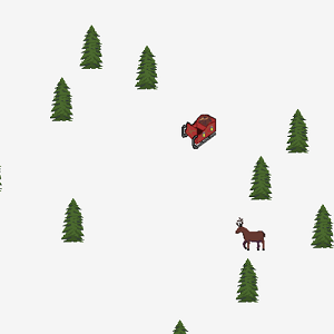 A red sleigh rushed down a snowy hillside populated with pine trees and reindeer