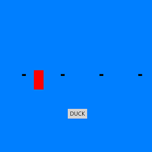 a red rectangle in between a line of smaller black rectangles on a bright light blue background. A button labeled 'DUCK' sits in the bottom center of the screen.